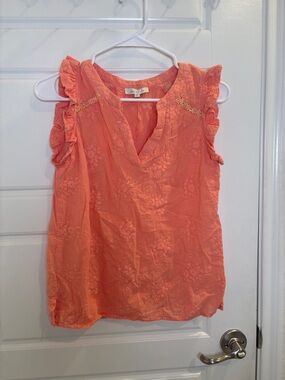 Skies Are Blue Coral Embroidered Ruffle Sleeve Boho Top Size S Cotton